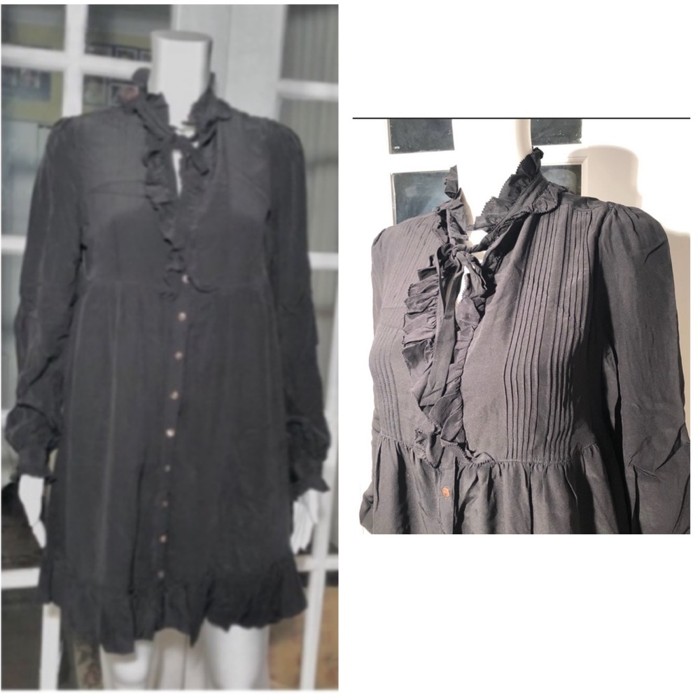Joie black silk ruffle long sleeve mini dress